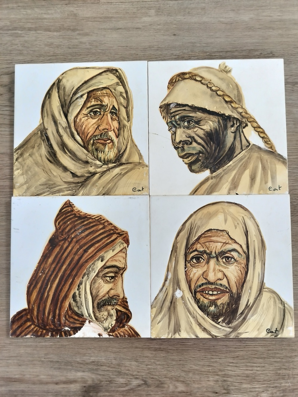 MCM Ceramic Art Tiles Set of 4 Hand Painted Portrait Signed Cat Germany 6x6